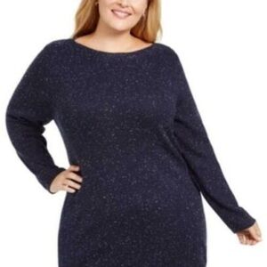 NWT Karen Scott Curved Hem Long Sleeve Navy Confetti Sweater OX